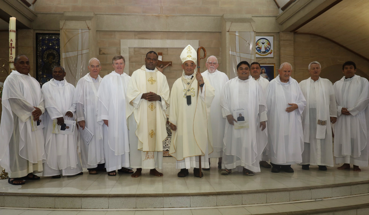 Fr Iowane Ilaidoko Naio with Archbishop Peter Loy Chong and Columbans after the ordination ceremony. Photo: Paseka,Fiji