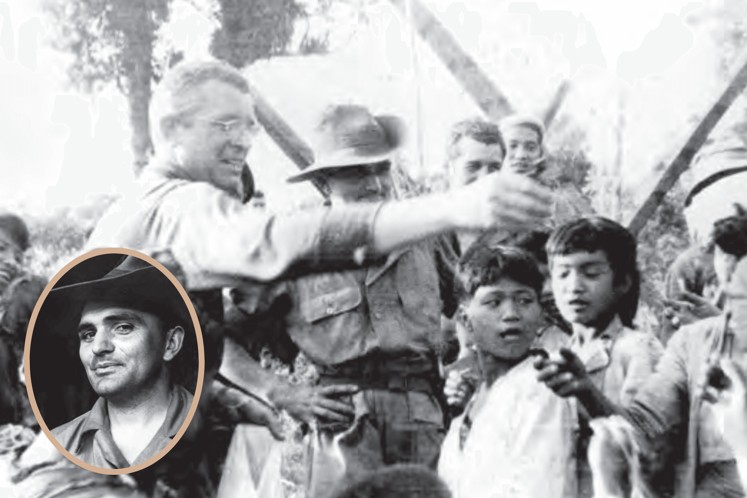 BG Franklin D. Merrill passes out gift to Kachin villagers in mid-March 1944 as Fr James Stuart (in hat) looks on. Inset Fr James Stuart