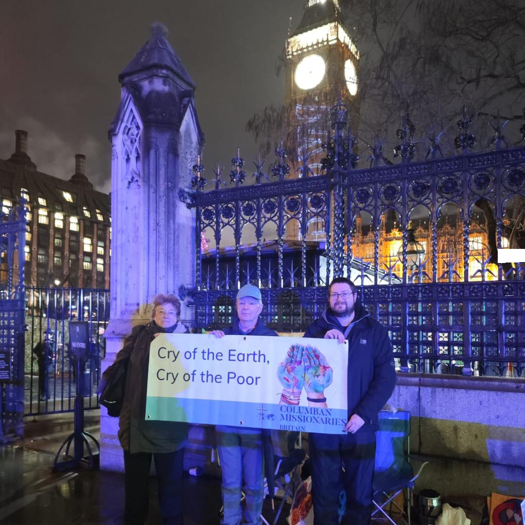 James Trewby with Ellen Teague and Fr. Kevin McDonagh led part of a Lent ten-day, 240-hour vigil outside the gates of the Westminster Parliament in London